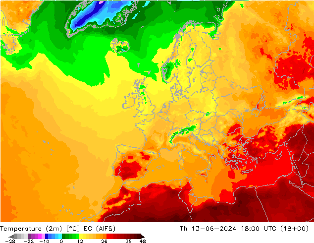 température (2m) EC (AIFS) jeu 13.06.2024 18 UTC