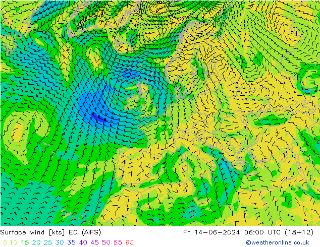 Surface wind EC (AIFS) Pá 14.06.2024 06 UTC