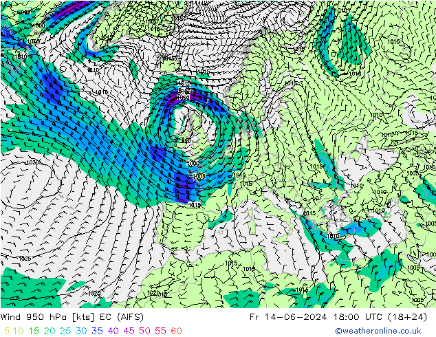 Vento 950 hPa EC (AIFS) ven 14.06.2024 18 UTC