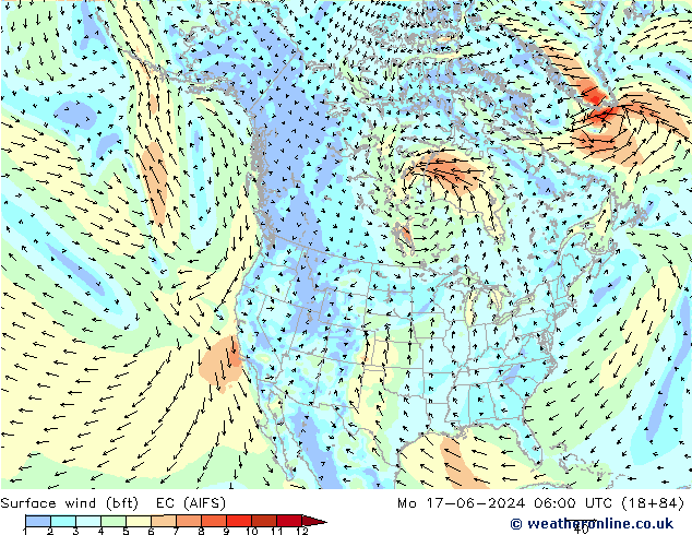 Surface wind (bft) EC (AIFS) Mo 17.06.2024 06 UTC
