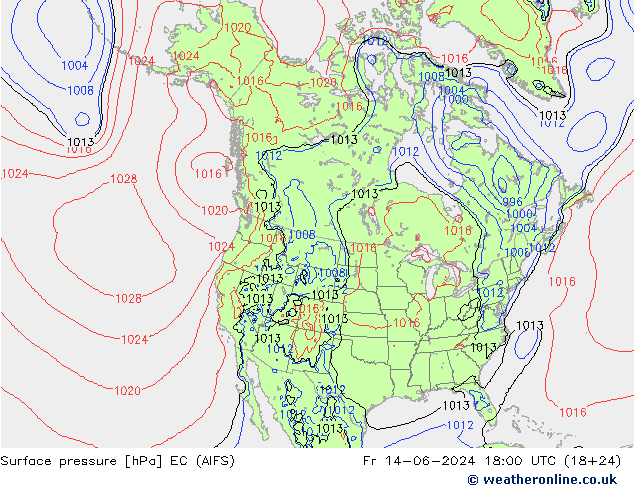 Atmosférický tlak EC (AIFS) Pá 14.06.2024 18 UTC