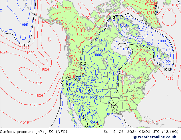 Atmosférický tlak EC (AIFS) Ne 16.06.2024 06 UTC