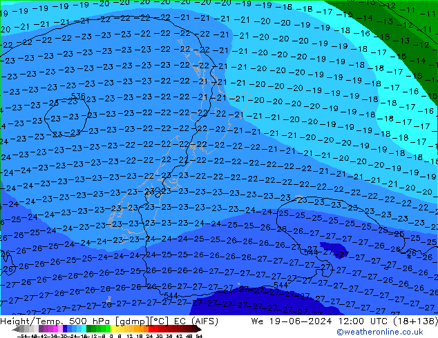 Height/Temp. 500 hPa EC (AIFS) śro. 19.06.2024 12 UTC