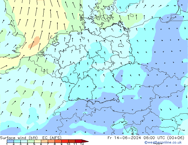 Surface wind (bft) EC (AIFS) Fr 14.06.2024 06 UTC