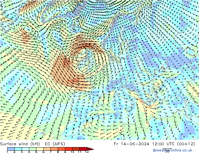 Surface wind (bft) EC (AIFS) Pá 14.06.2024 12 UTC