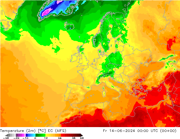 Temperatuurkaart (2m) EC (AIFS) vr 14.06.2024 00 UTC