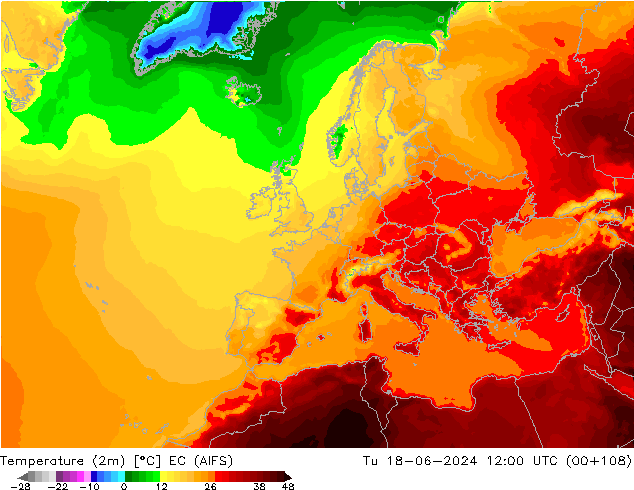 Temperature (2m) EC (AIFS) Tu 18.06.2024 12 UTC