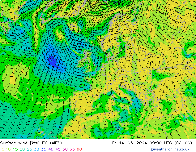 Viento 10 m EC (AIFS) vie 14.06.2024 00 UTC