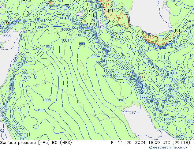 Atmosférický tlak EC (AIFS) Pá 14.06.2024 18 UTC