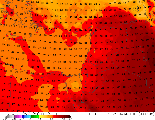Temperature (2m) EC (AIFS) Út 18.06.2024 06 UTC