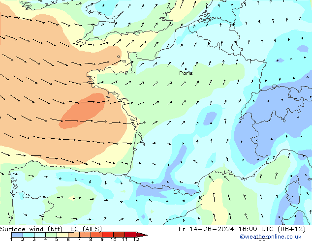 Surface wind (bft) EC (AIFS) Fr 14.06.2024 18 UTC