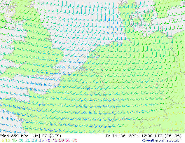 Wind 850 hPa EC (AIFS) Fr 14.06.2024 12 UTC