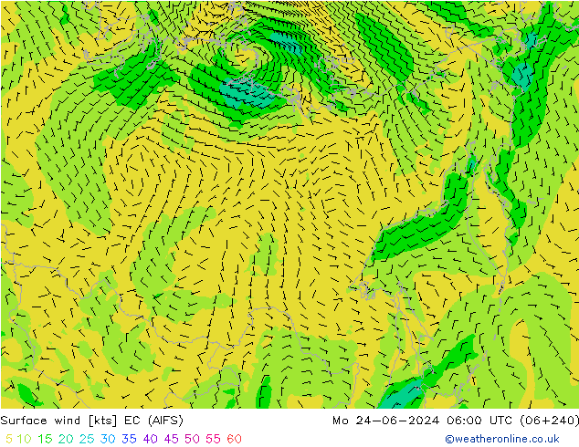 Surface wind EC (AIFS) Mo 24.06.2024 06 UTC