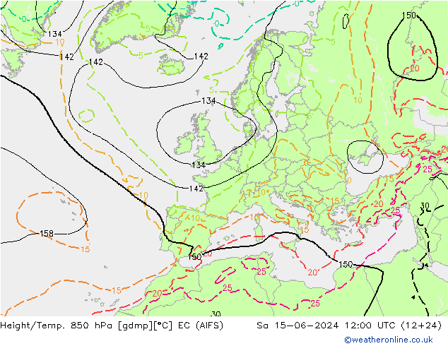 Géop./Temp. 850 hPa EC (AIFS) sam 15.06.2024 12 UTC