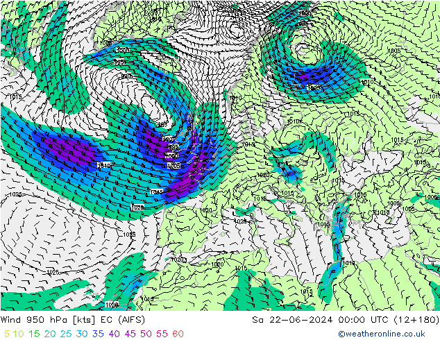 Wind 950 hPa EC (AIFS) Sa 22.06.2024 00 UTC