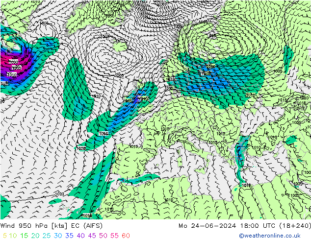 Wind 950 hPa EC (AIFS) Mo 24.06.2024 18 UTC