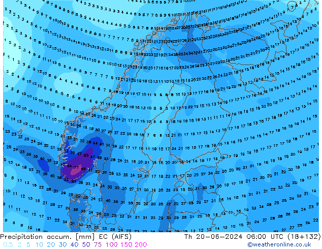 Precipitation accum. EC (AIFS) Čt 20.06.2024 06 UTC