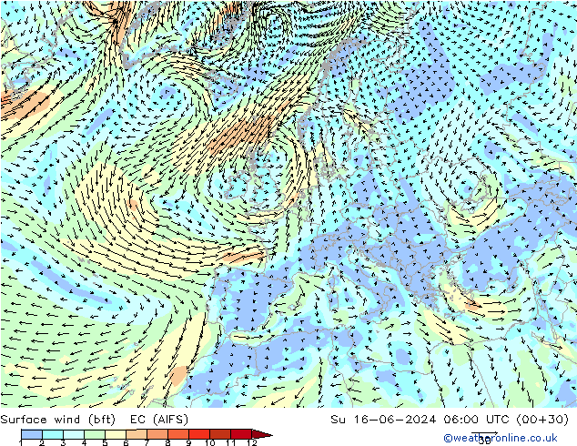 Surface wind (bft) EC (AIFS) Su 16.06.2024 06 UTC