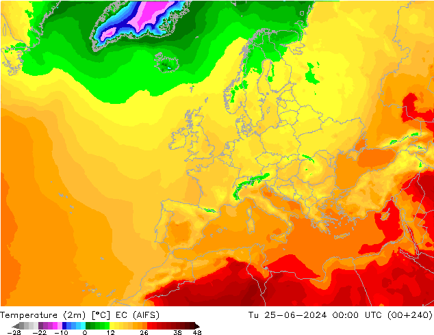 Temperatuurkaart (2m) EC (AIFS) di 25.06.2024 00 UTC