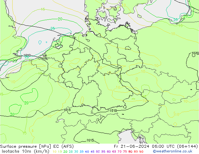 Isotachen (km/h) EC (AIFS) vr 21.06.2024 06 UTC