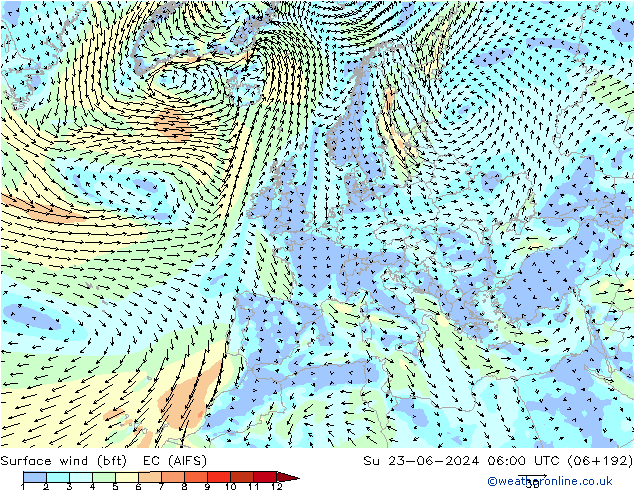 Surface wind (bft) EC (AIFS) Su 23.06.2024 06 UTC