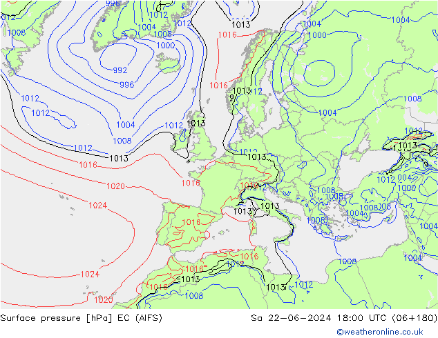 Surface pressure EC (AIFS) Sa 22.06.2024 18 UTC