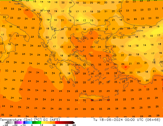 Temperature (2m) EC (AIFS) Tu 18.06.2024 00 UTC