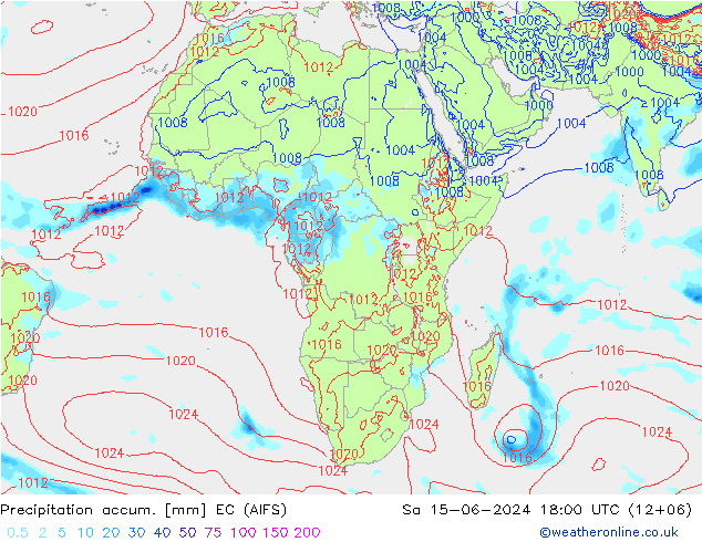 Precipitation accum. EC (AIFS) Sa 15.06.2024 18 UTC