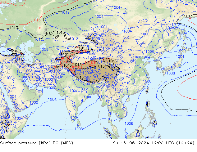 Atmosférický tlak EC (AIFS) Ne 16.06.2024 12 UTC