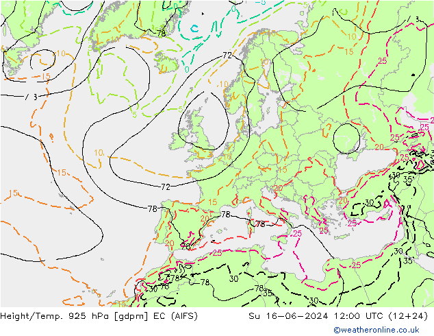 Height/Temp. 925 гПа EC (AIFS) Вс 16.06.2024 12 UTC