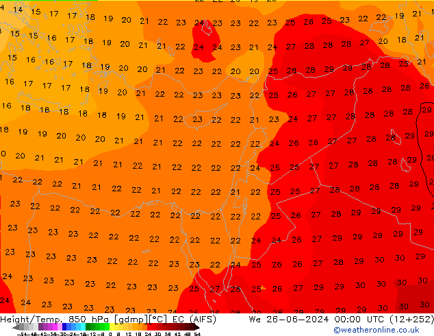 Hoogte/Temp. 850 hPa EC (AIFS) wo 26.06.2024 00 UTC