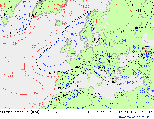 Pressione al suolo EC (AIFS) dom 16.06.2024 18 UTC