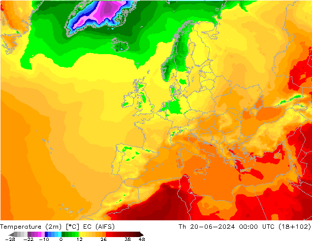 Temperatuurkaart (2m) EC (AIFS) do 20.06.2024 00 UTC