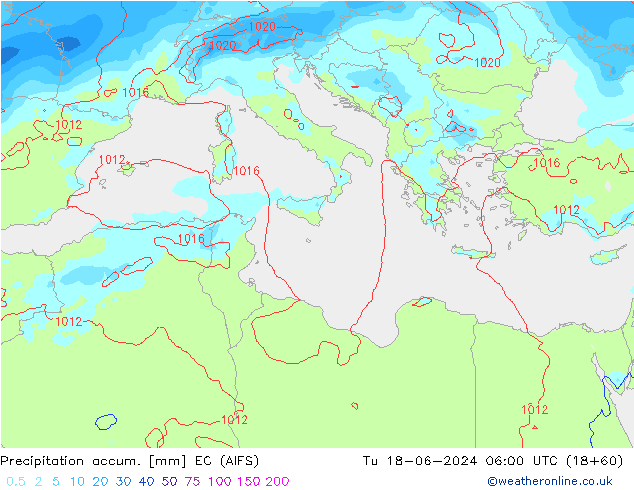 Precipitation accum. EC (AIFS) Tu 18.06.2024 06 UTC
