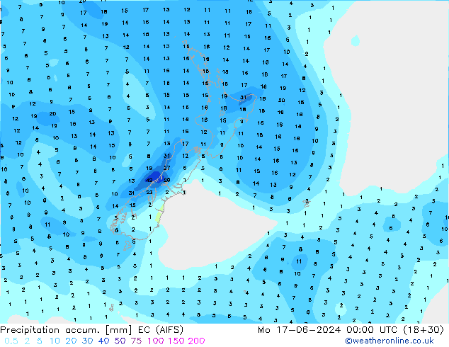 Precipitation accum. EC (AIFS) pon. 17.06.2024 00 UTC