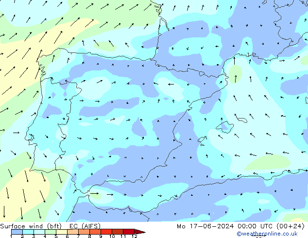Surface wind (bft) EC (AIFS) Mo 17.06.2024 00 UTC