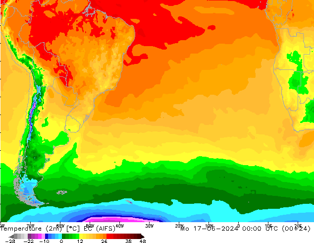 Temperature (2m) EC (AIFS) Mo 17.06.2024 00 UTC