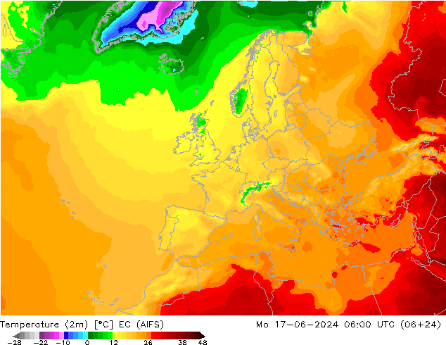 Temperature (2m) EC (AIFS) Mo 17.06.2024 06 UTC