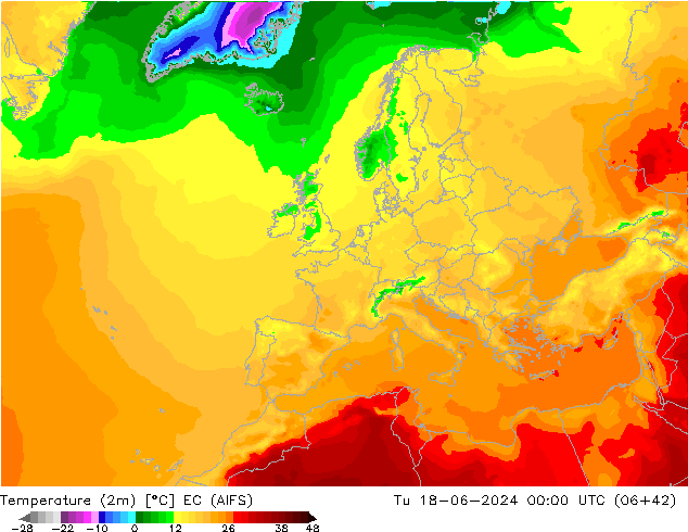 température (2m) EC (AIFS) mar 18.06.2024 00 UTC