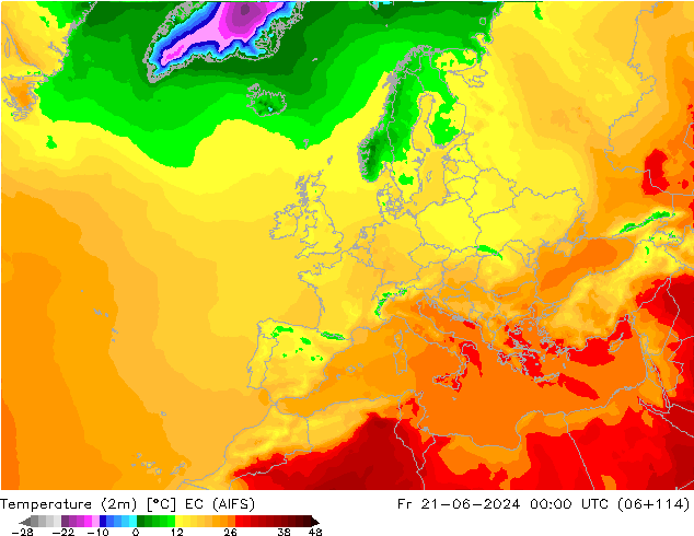 Temperature (2m) EC (AIFS) Fr 21.06.2024 00 UTC