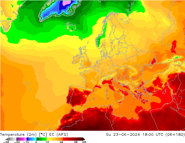 Temperaturkarte (2m) EC (AIFS) So 23.06.2024 18 UTC