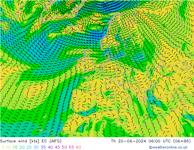 Surface wind EC (AIFS) Th 20.06.2024 06 UTC