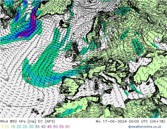 Wind 850 hPa EC (AIFS) Mo 17.06.2024 00 UTC