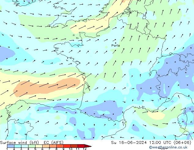 Surface wind (bft) EC (AIFS) Su 16.06.2024 12 UTC