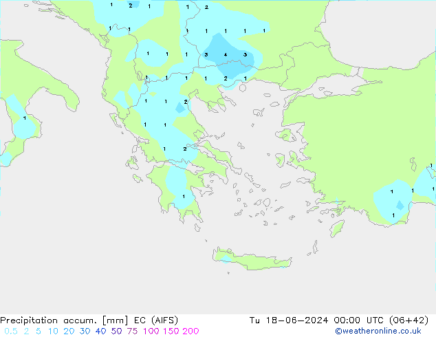 Precipitation accum. EC (AIFS) wto. 18.06.2024 00 UTC