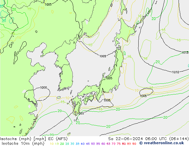 Izotacha (mph) EC (AIFS) so. 22.06.2024 06 UTC