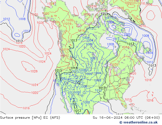 Atmosférický tlak EC (AIFS) Ne 16.06.2024 06 UTC