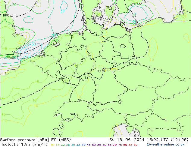 Isotachen (km/h) EC (AIFS) So 16.06.2024 18 UTC
