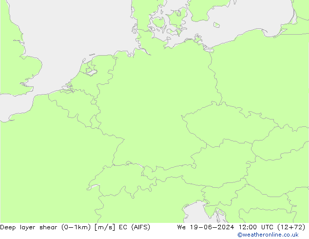Deep layer shear (0-1km) EC (AIFS) wo 19.06.2024 12 UTC