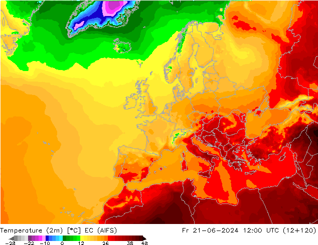 Temperature (2m) EC (AIFS) Fr 21.06.2024 12 UTC